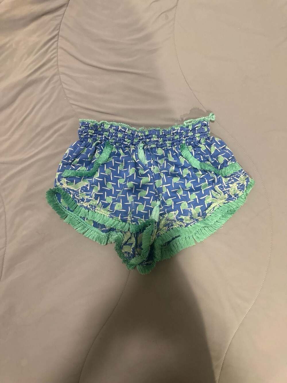 Poupette St Barth Blue and Green Printed 100% Silk Fringe Shorts